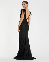 Black Feather Cap Sleeve Lace Gown