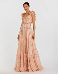 Pink Ruffle Tiered Floral Cut-Out Chiffon Gown