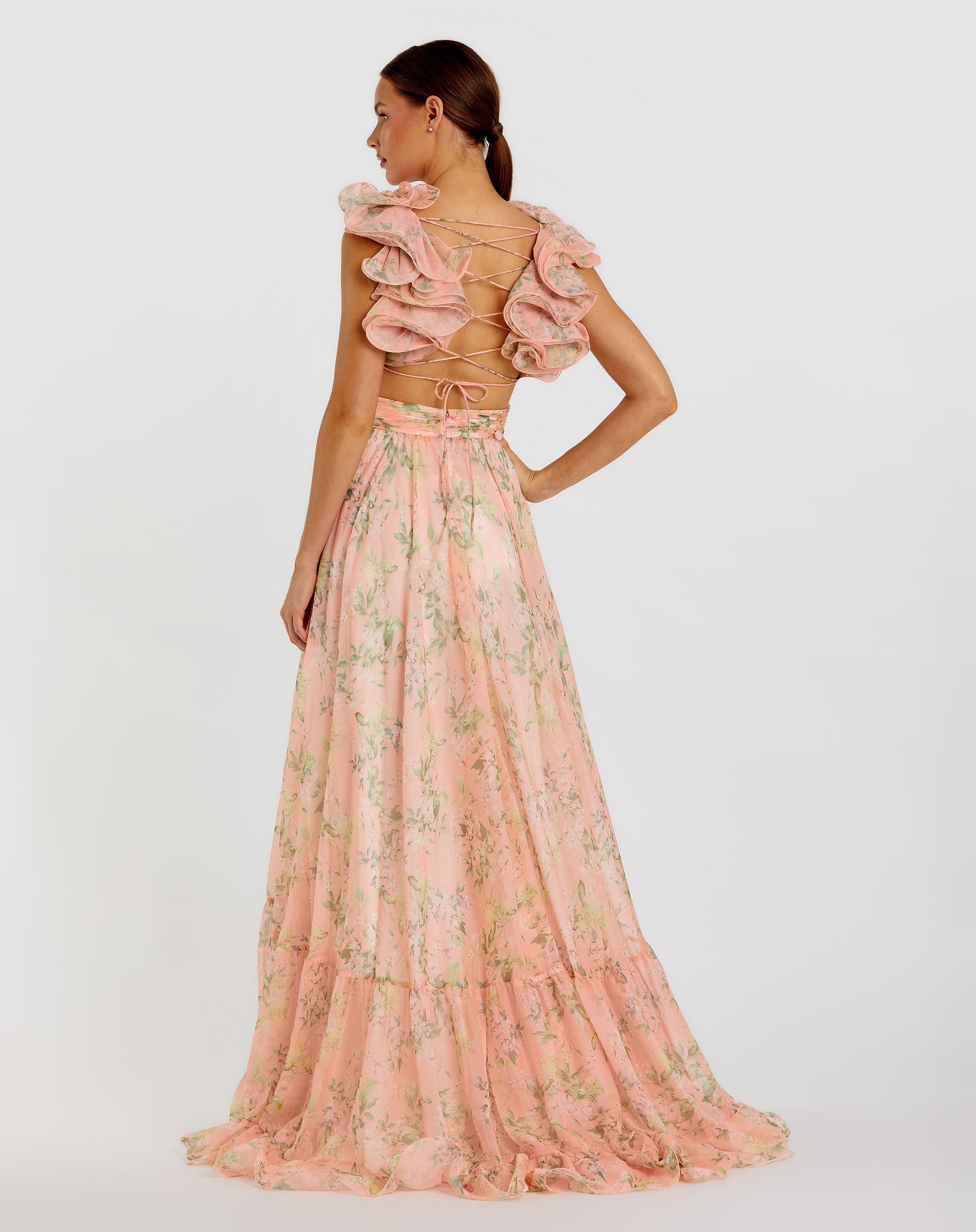 Pink Ruffle Tiered Floral Cut-Out Chiffon Gown