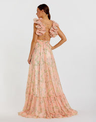 Pink Ruffle Tiered Floral Cut-Out Chiffon Gown