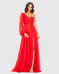 Red Flowy One Sleeve Chiffon Gown