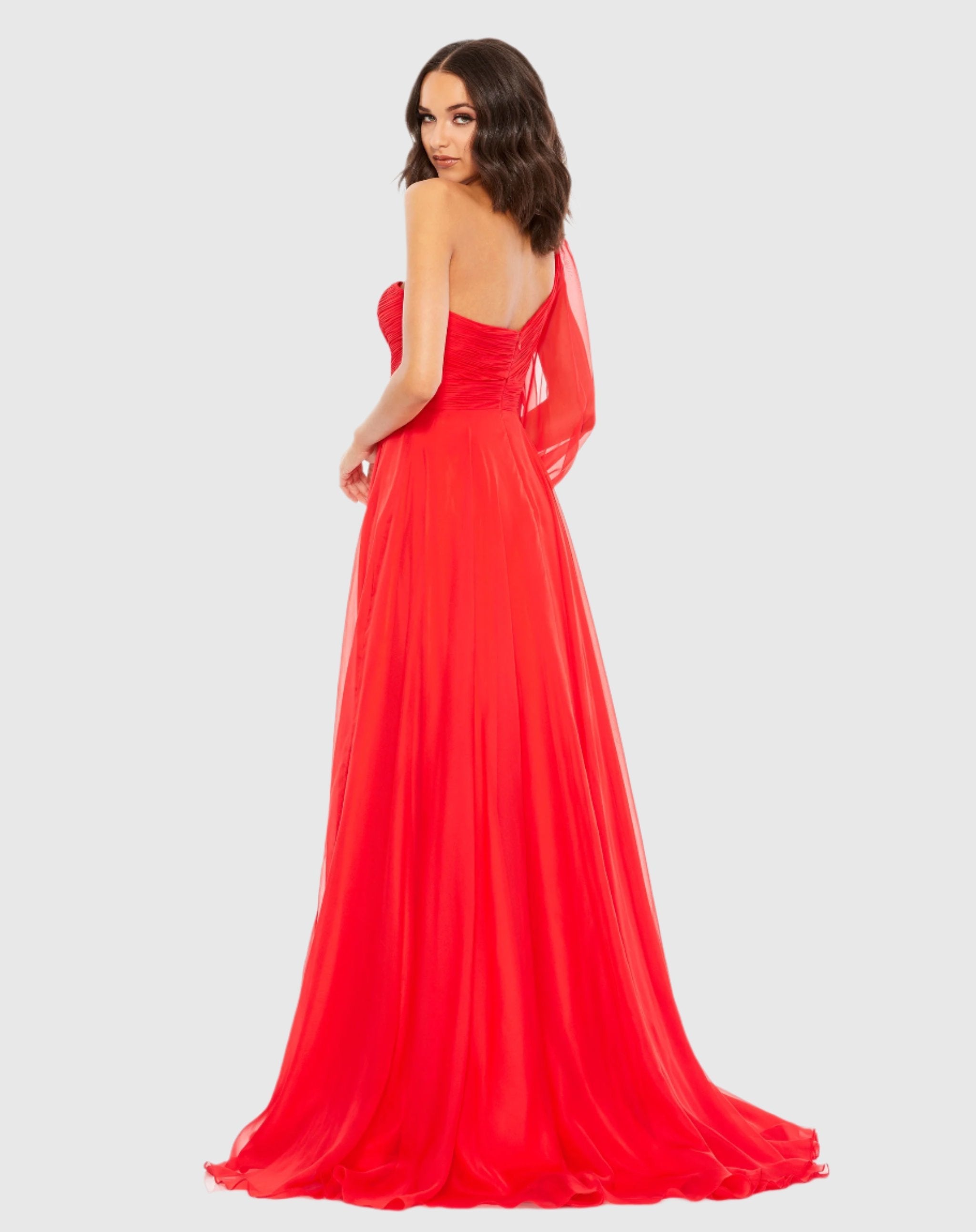 Red Flowy One Sleeve Chiffon Gown