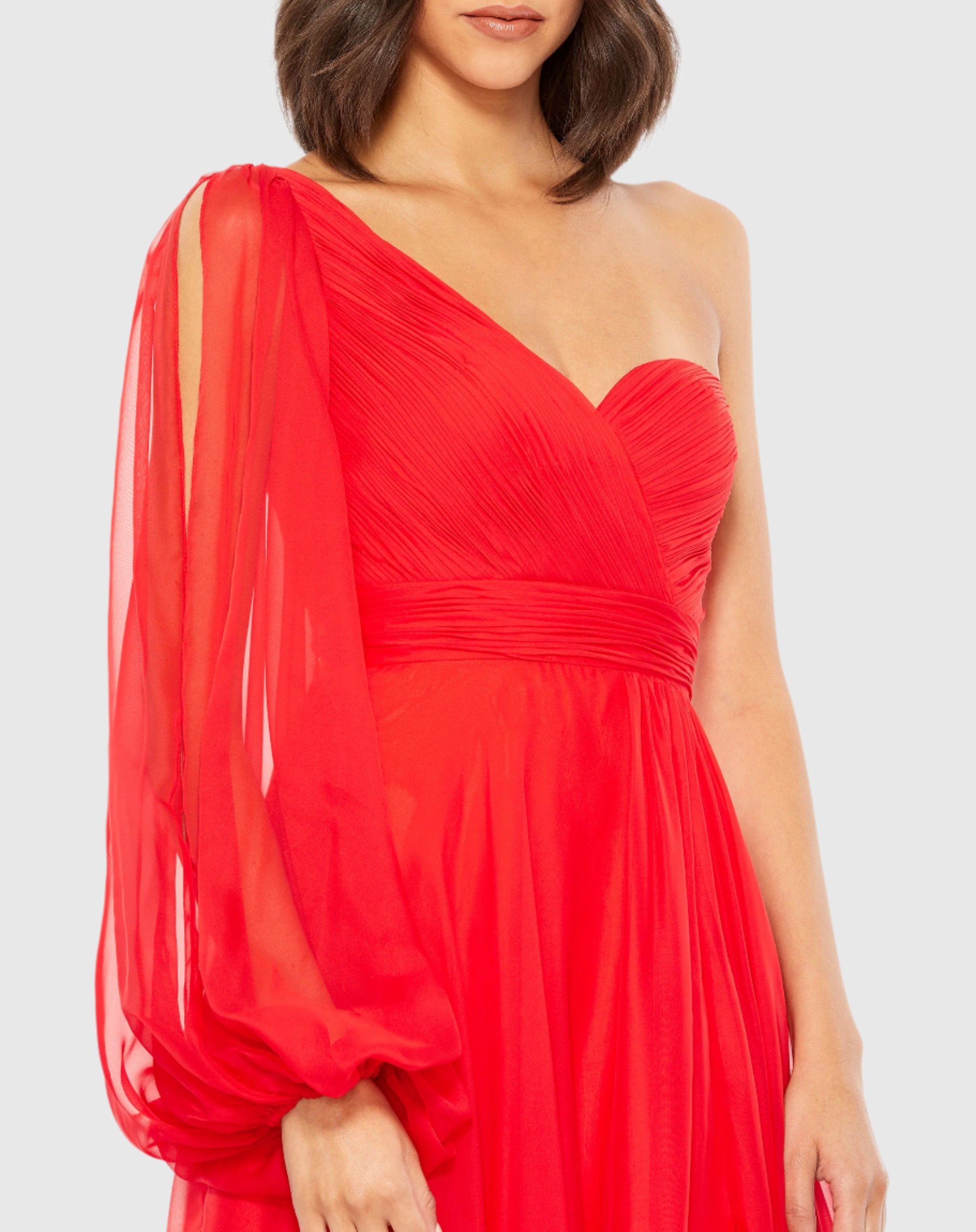 Red Flowy One Sleeve Chiffon Gown