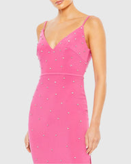 Pink Rhinestone Embellished V-Neck Gown