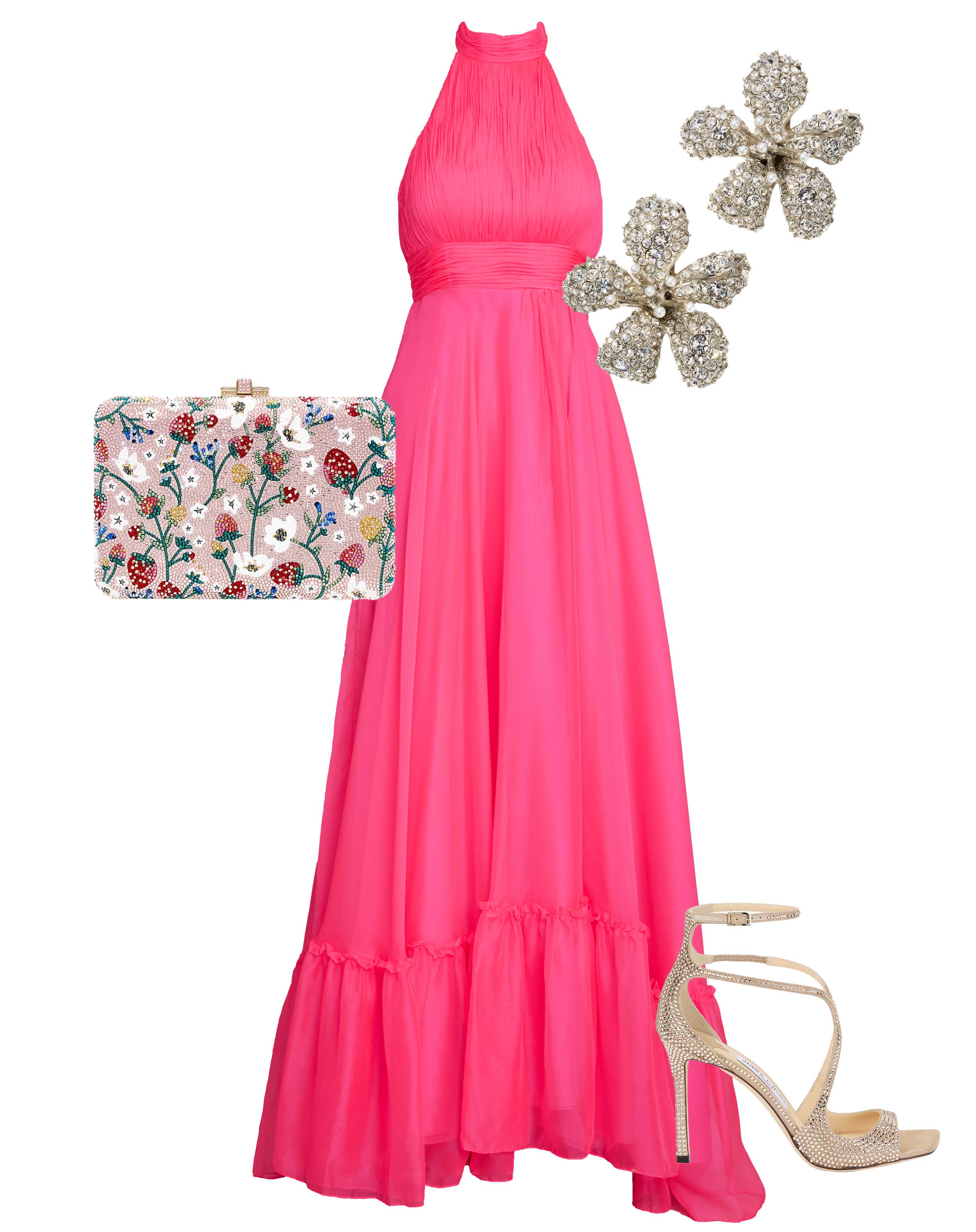 Pink High Neck Tiered Chiffon Halter Gown