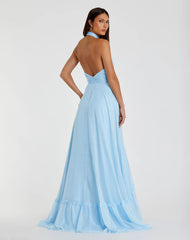 Blue High Neck Tiered Chiffon Halter Gown
