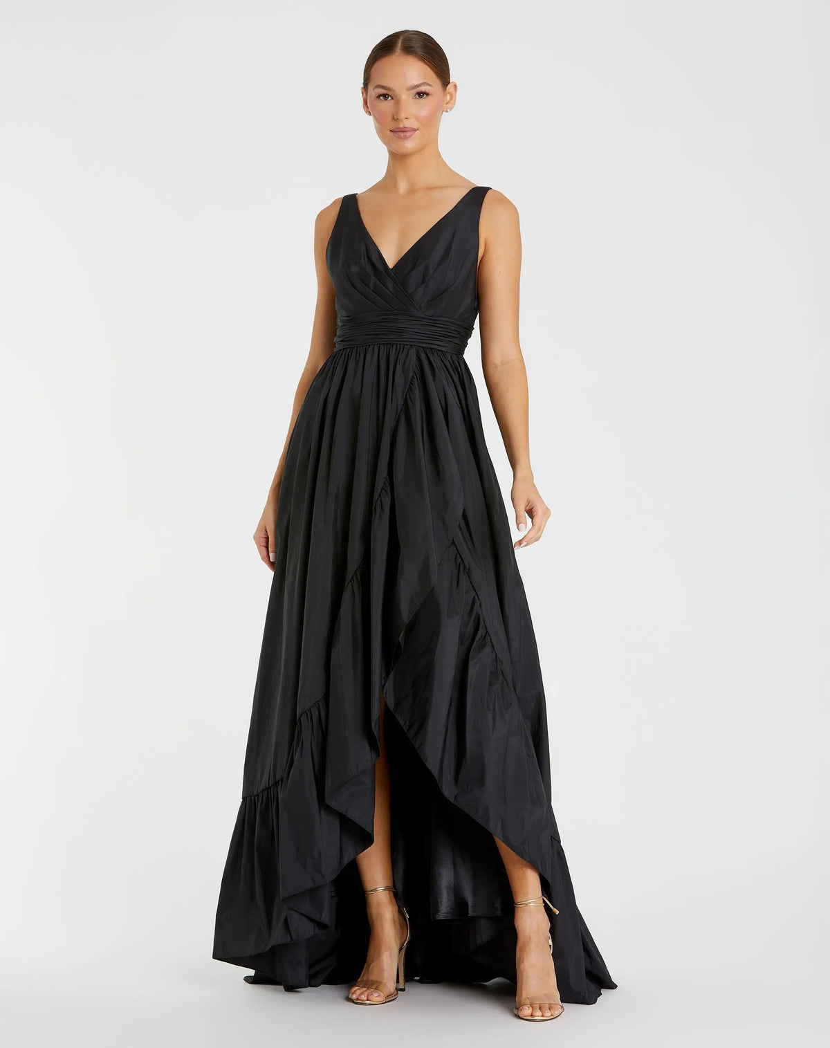 Black Taffeta High Low Ruffle Gown