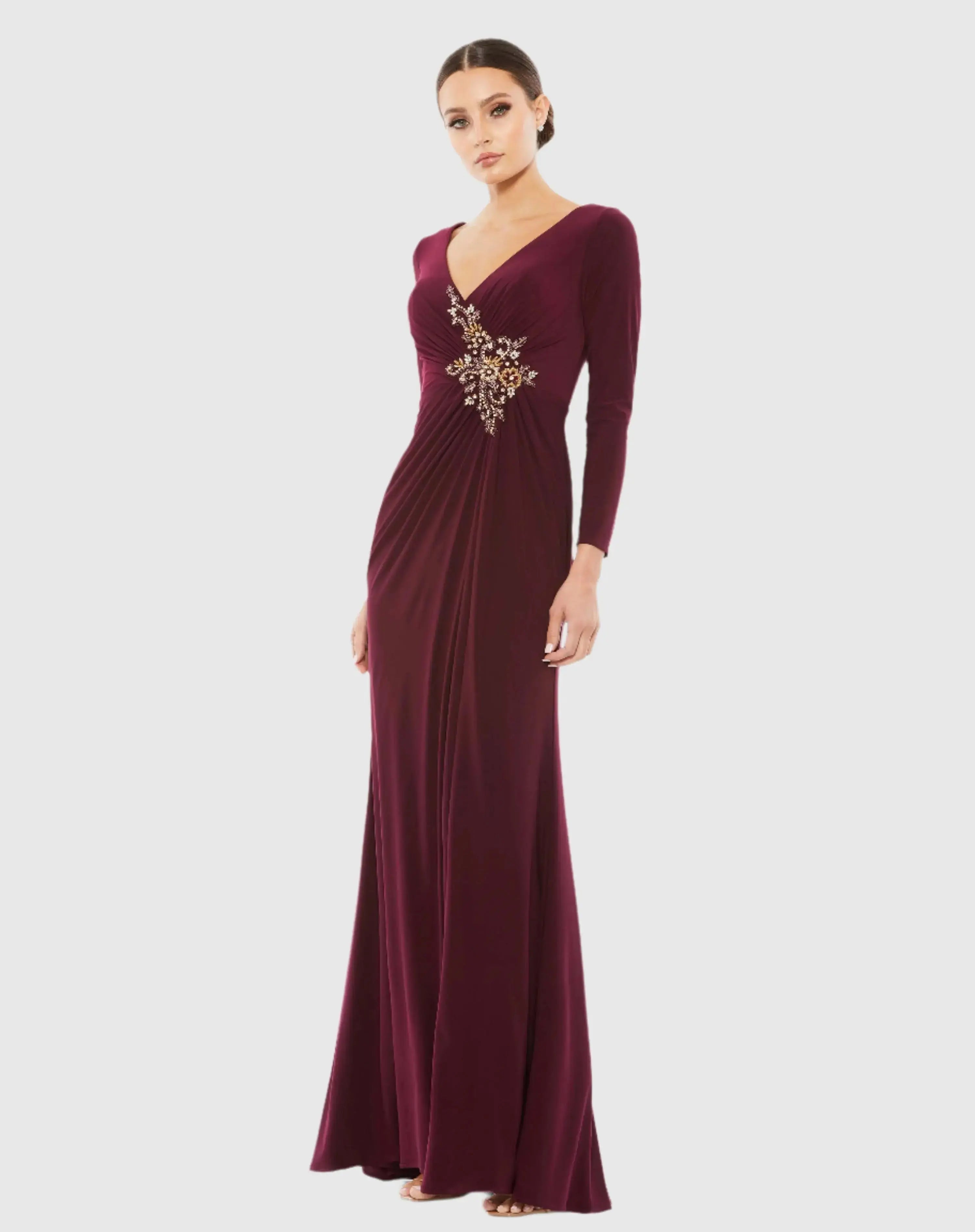 Faux Wrap Long Sleeve Evening Gown w/ Appliqué Detail