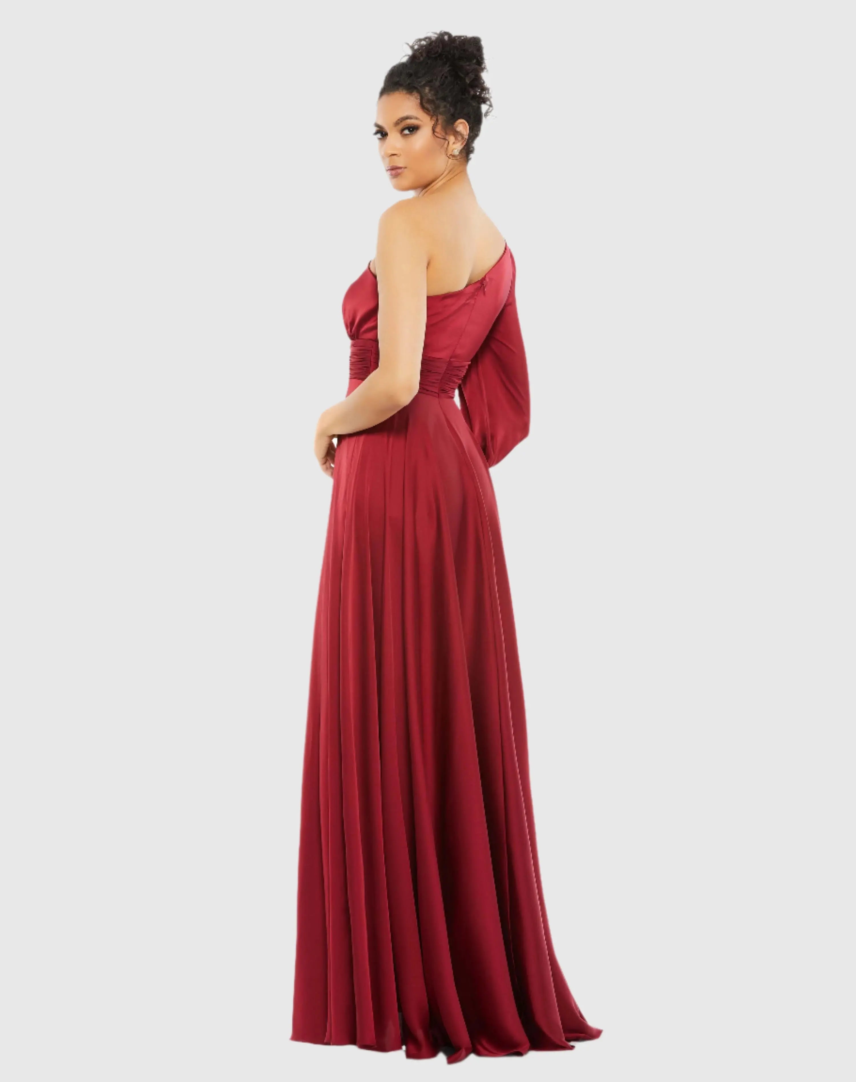 Red One Shoulder Bishop Sleeve Flowy Gown