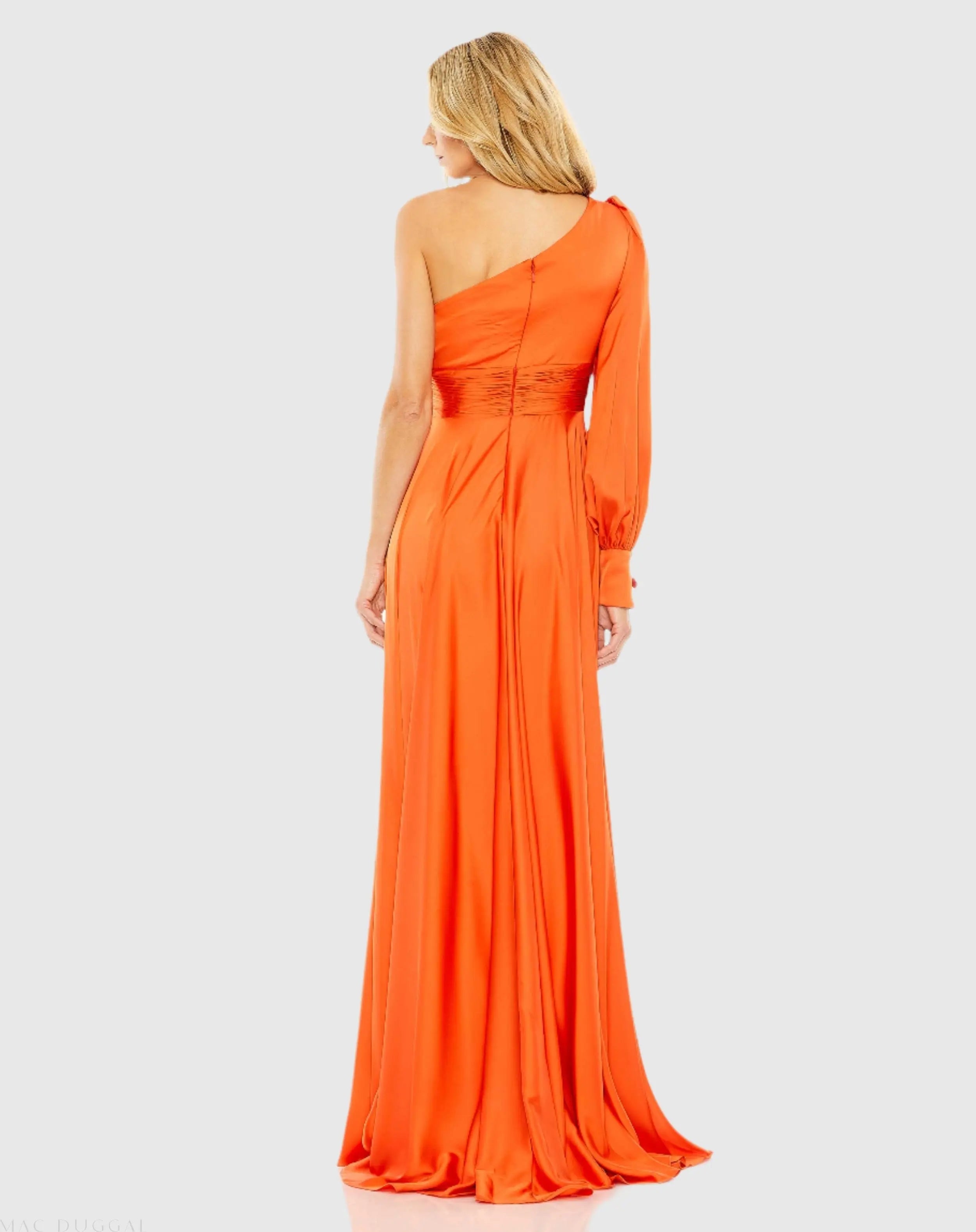 Orange One Shoulder Bishop Sleeve Flowy Gown