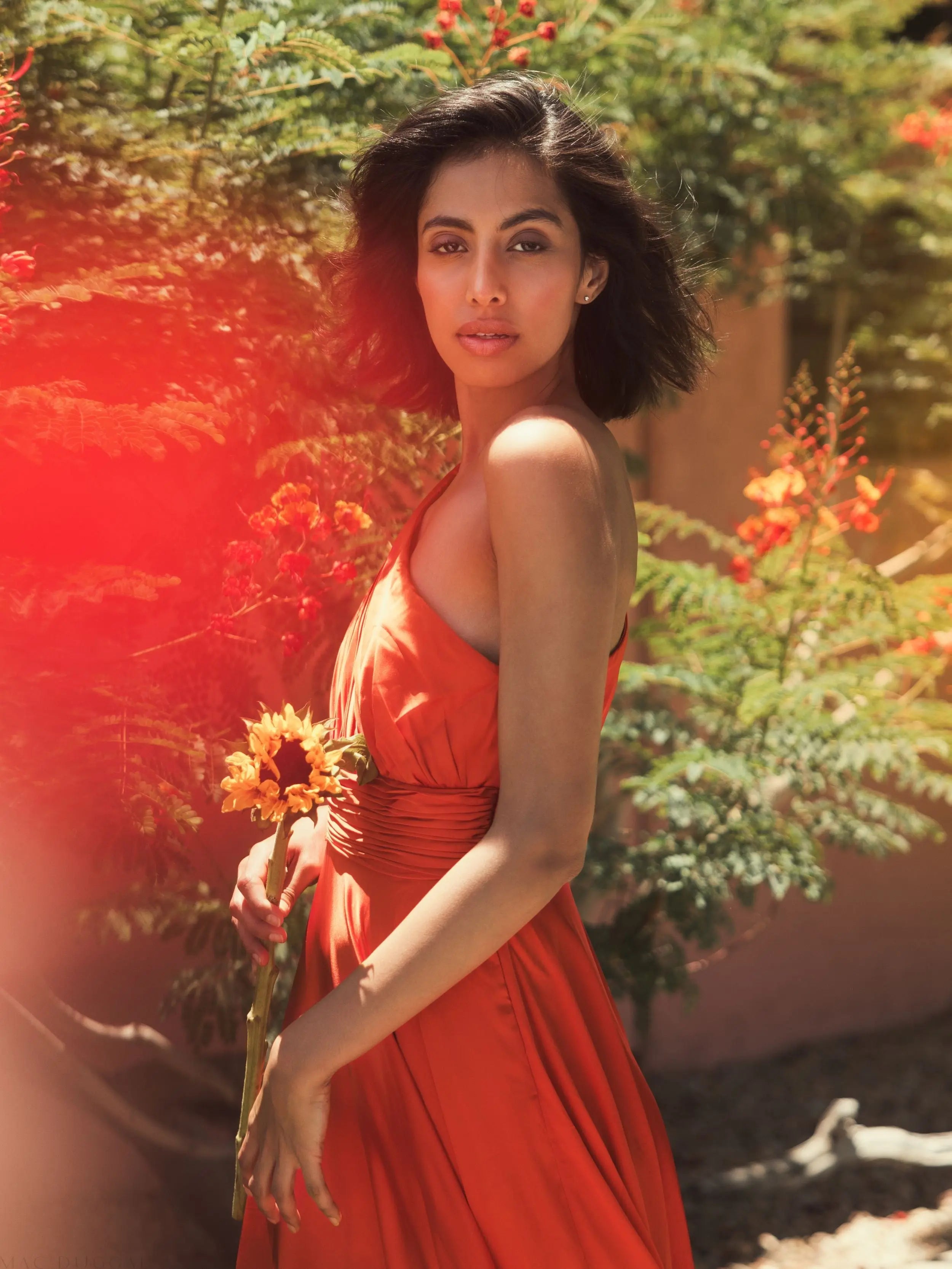 Orange One Shoulder Bishop Sleeve Flowy Gown