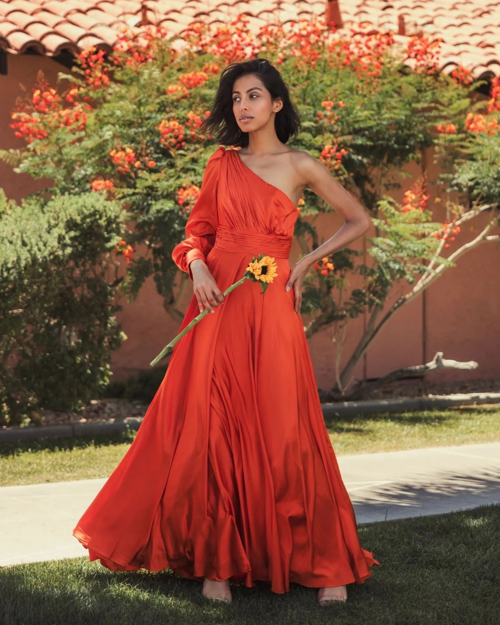 Orange One Shoulder Bishop Sleeve Flowy Gown
