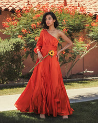 Orange One Shoulder Bishop Sleeve Flowy Gown