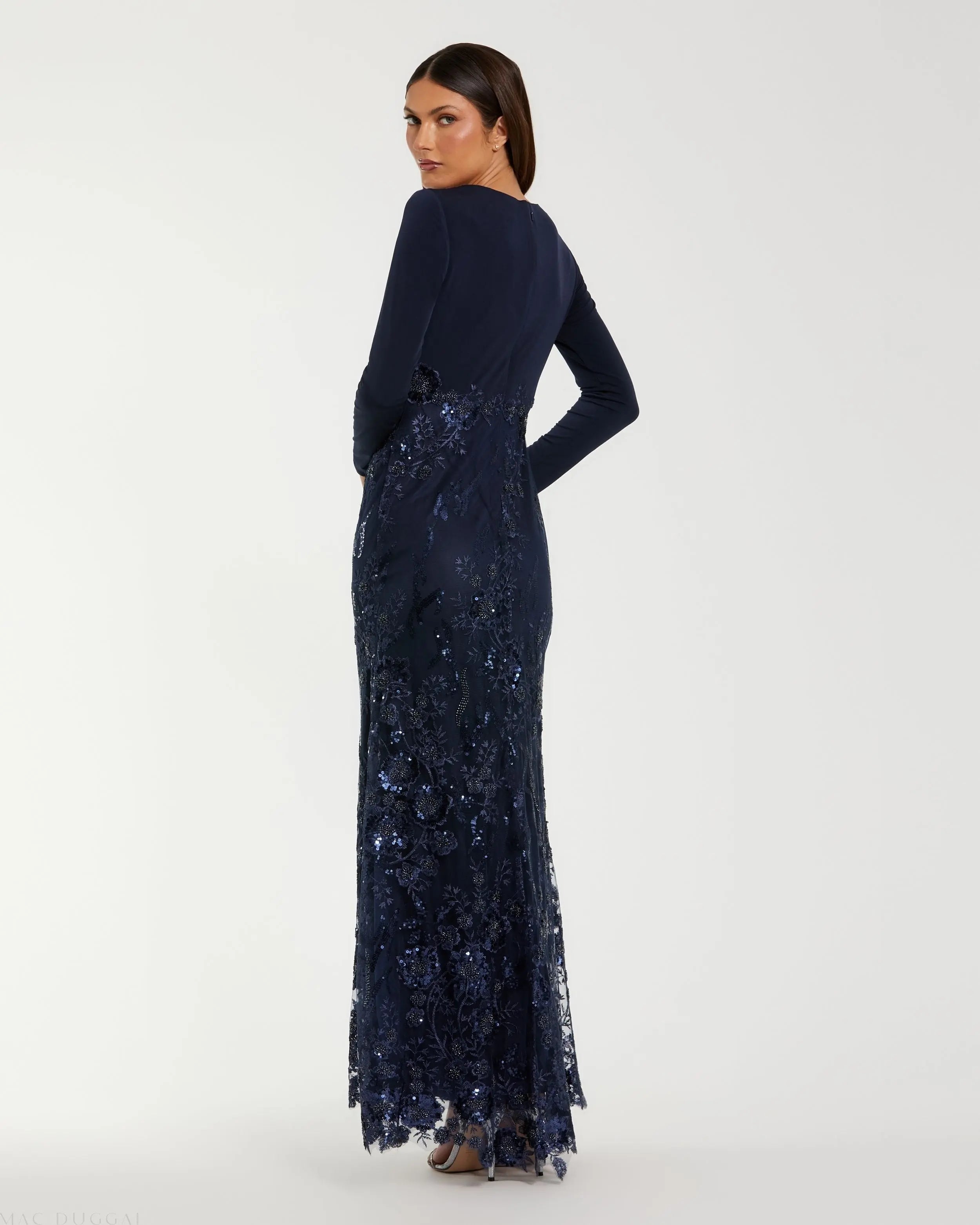 Navy Embellished Long Sleeve Wrap Over Trumpet Gown