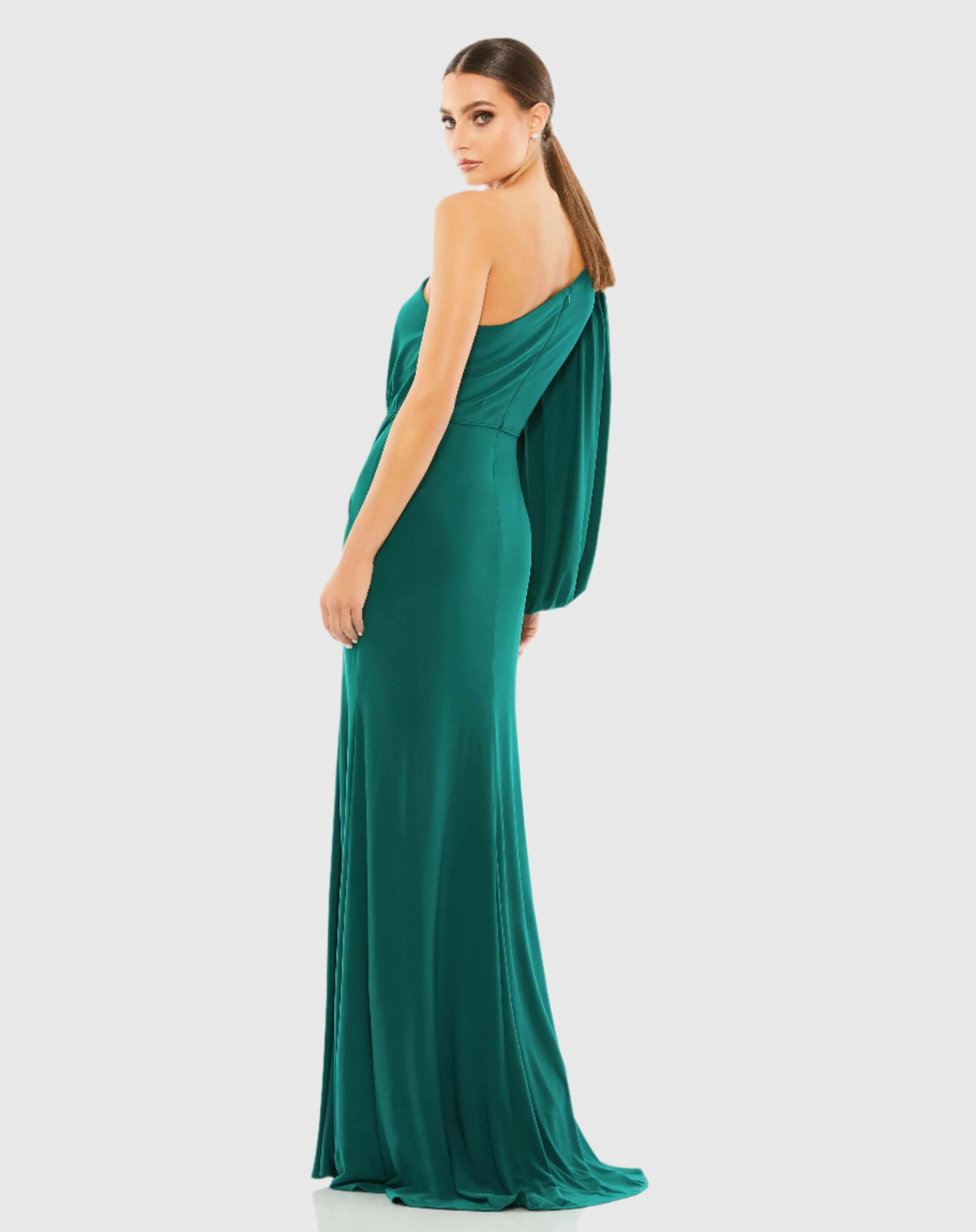 Green One Shoulder Puff Sleeve Faux Wrap Gown