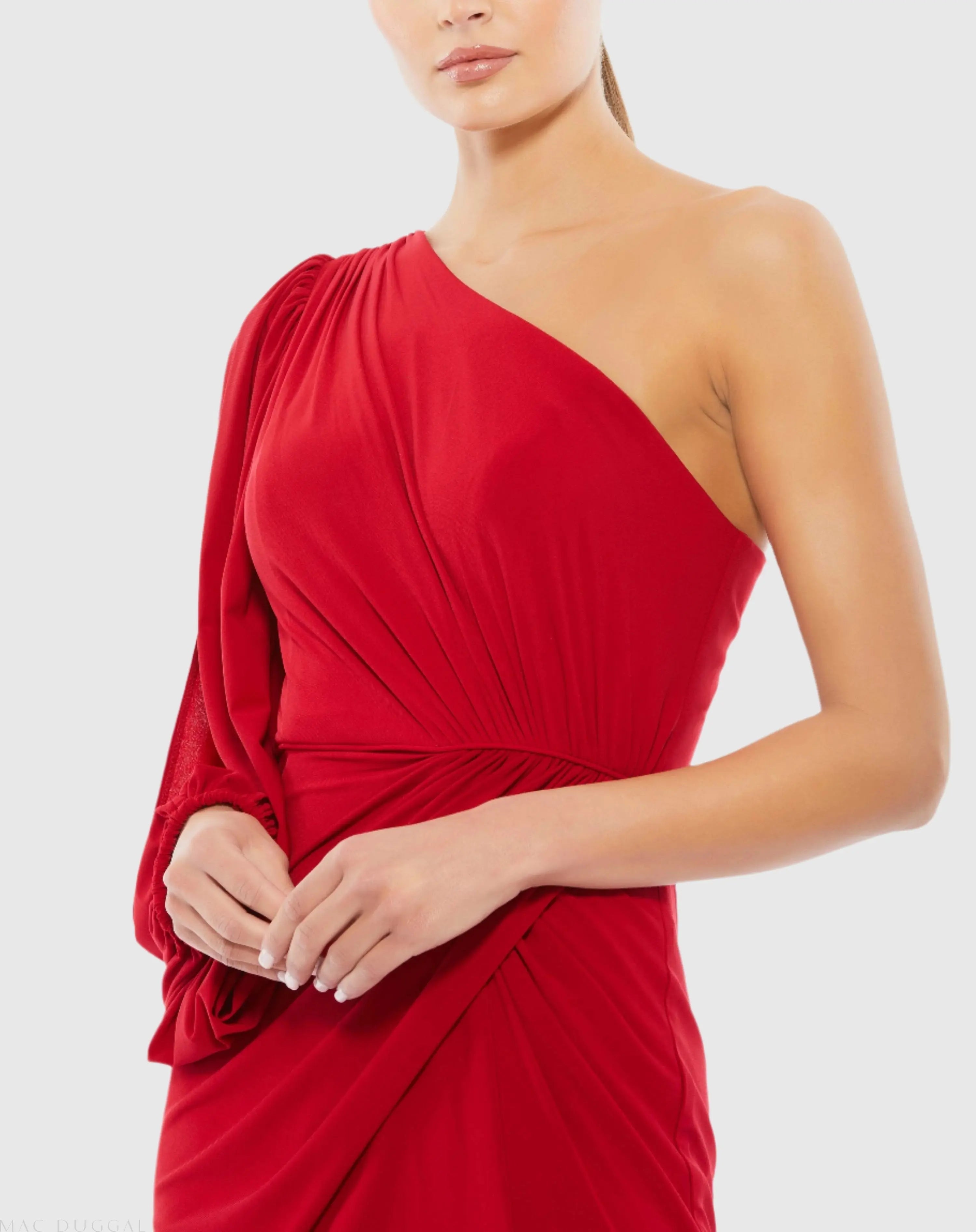 Red One Shoulder Puff Sleeve Faux Wrap Gown