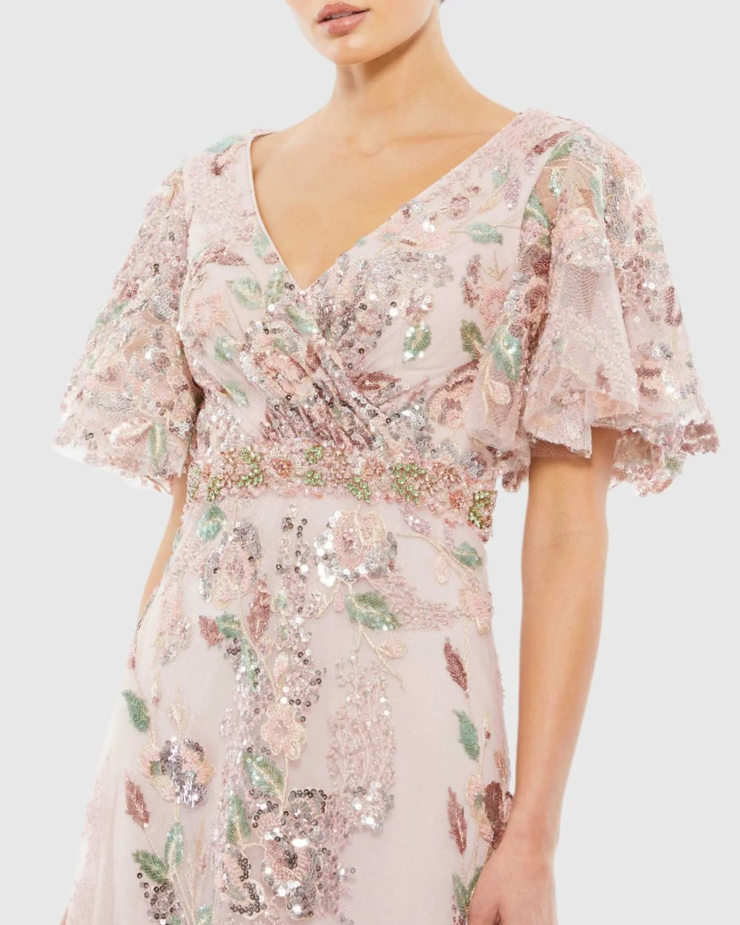 Pink Floral Embellished Short Sleeve Gown