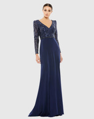 Navy Embellished Long Sleeve Bodice Column Gown