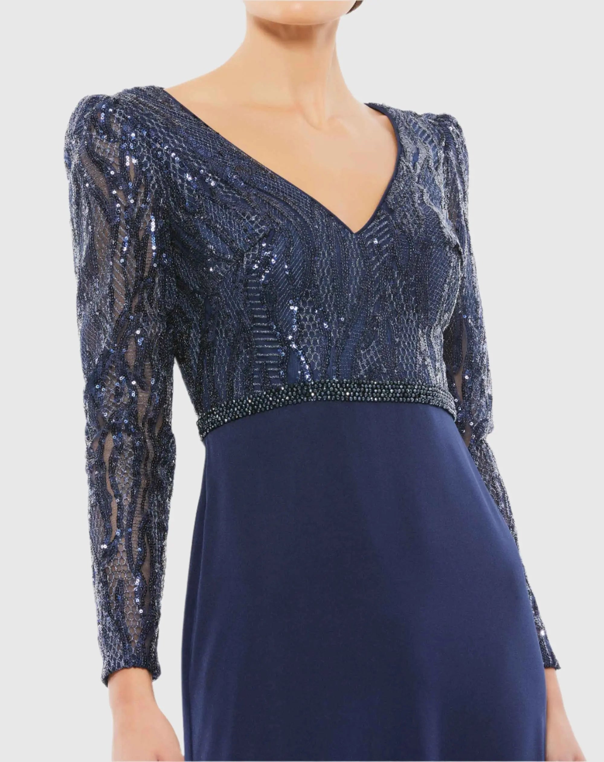 Navy Embellished Long Sleeve Bodice Column Gown