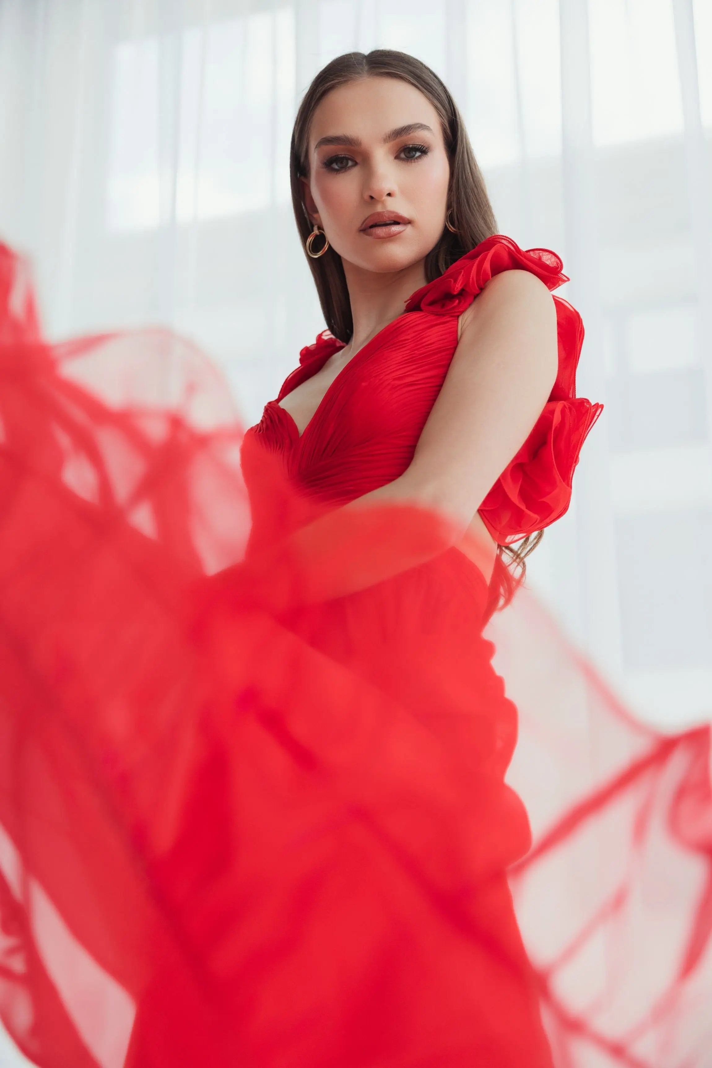 Red Ruffle Tiered Cut-Out Chiffon Gown