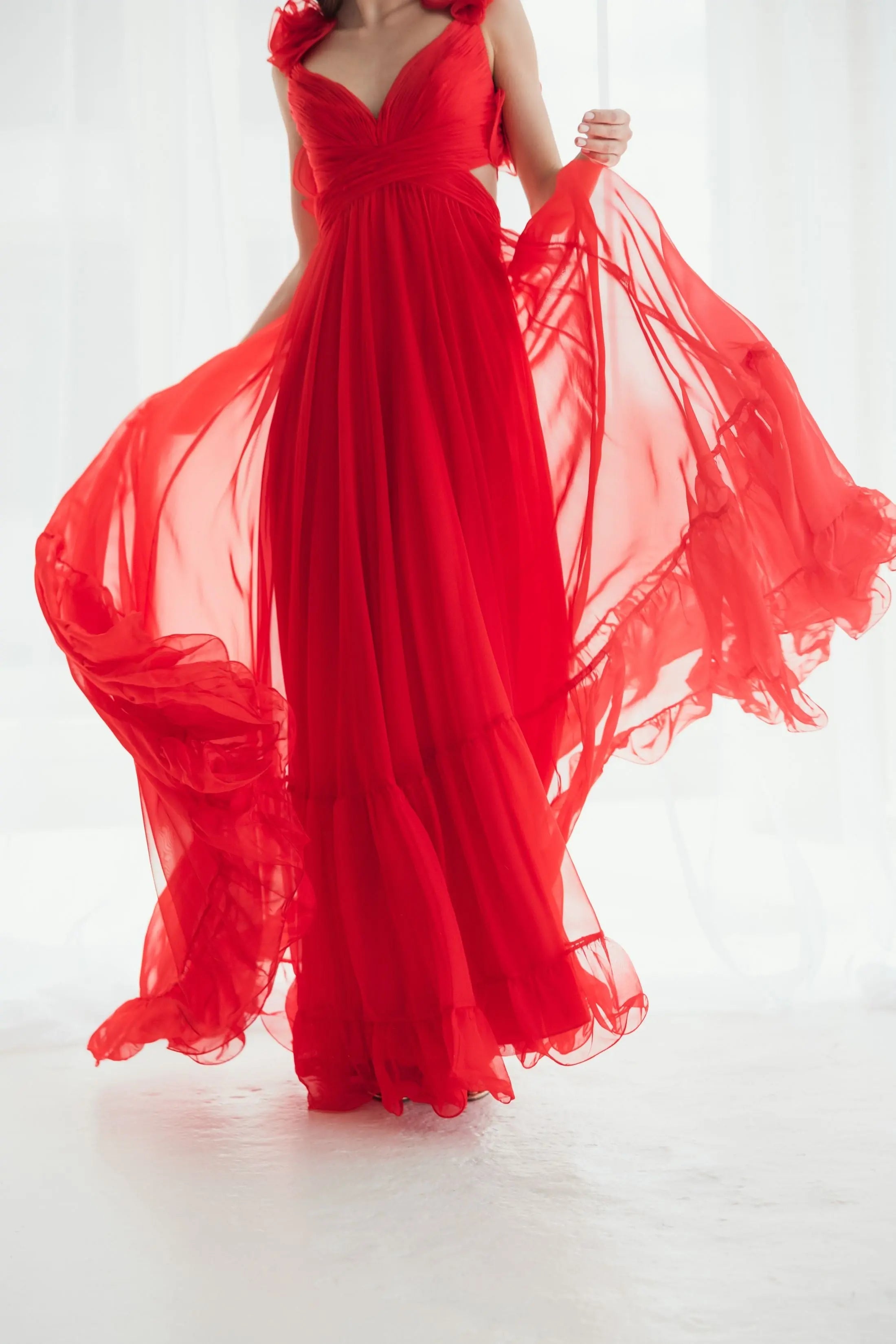 Red Ruffle Tiered Cut-Out Chiffon Gown