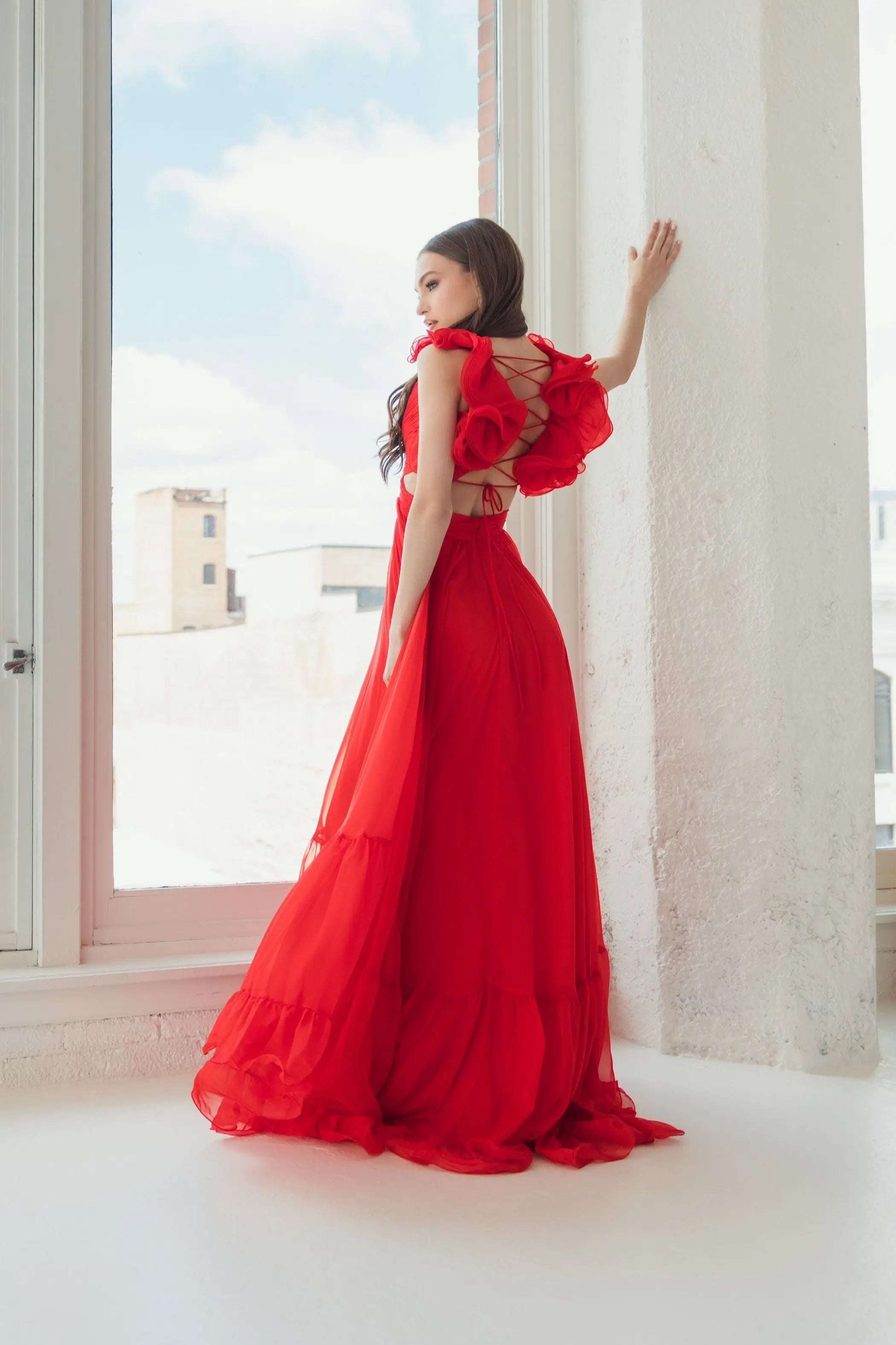 Red Ruffle Tiered Cut-Out Chiffon Gown