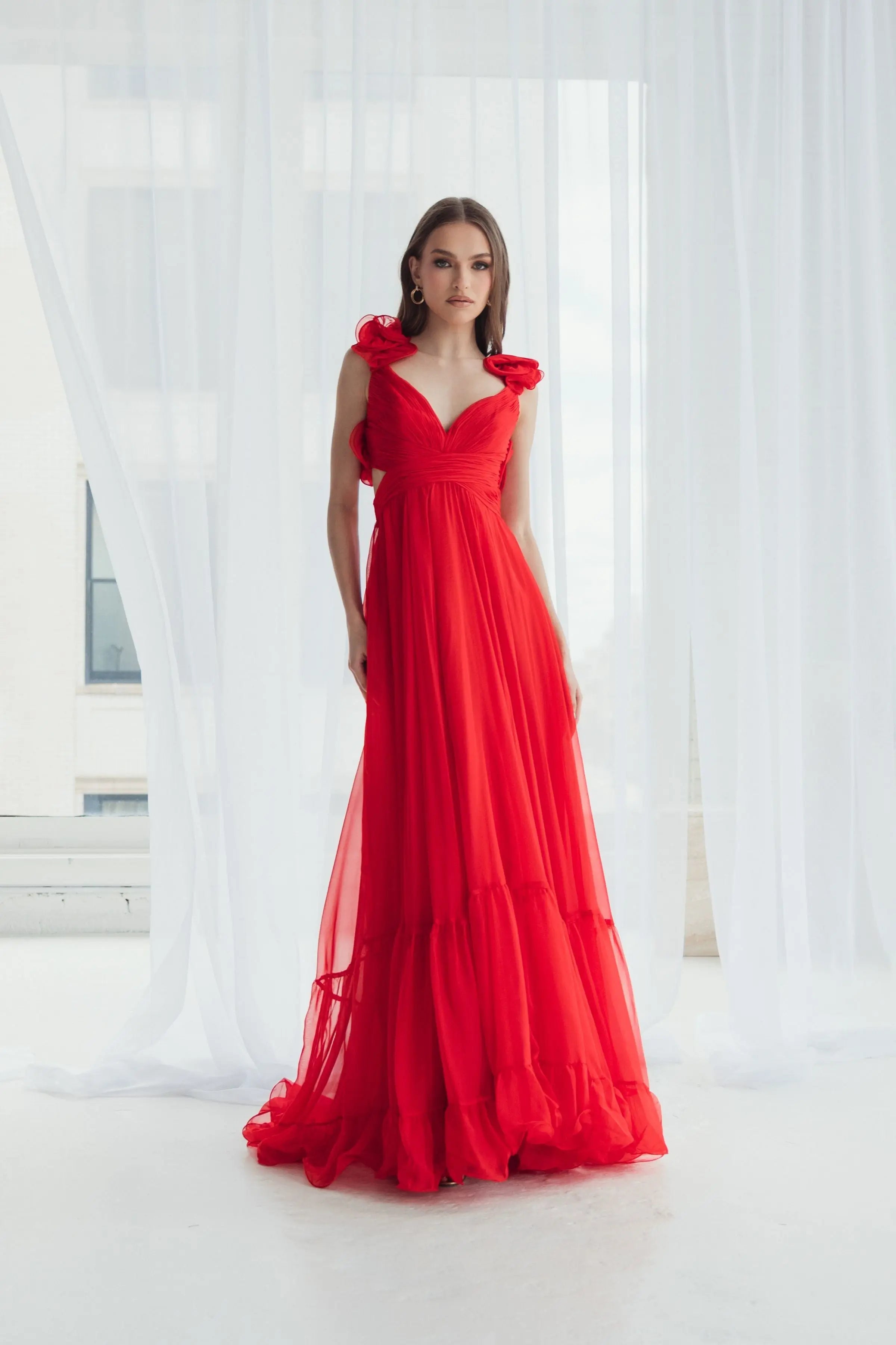 Red Ruffle Tiered Cut-Out Chiffon Gown