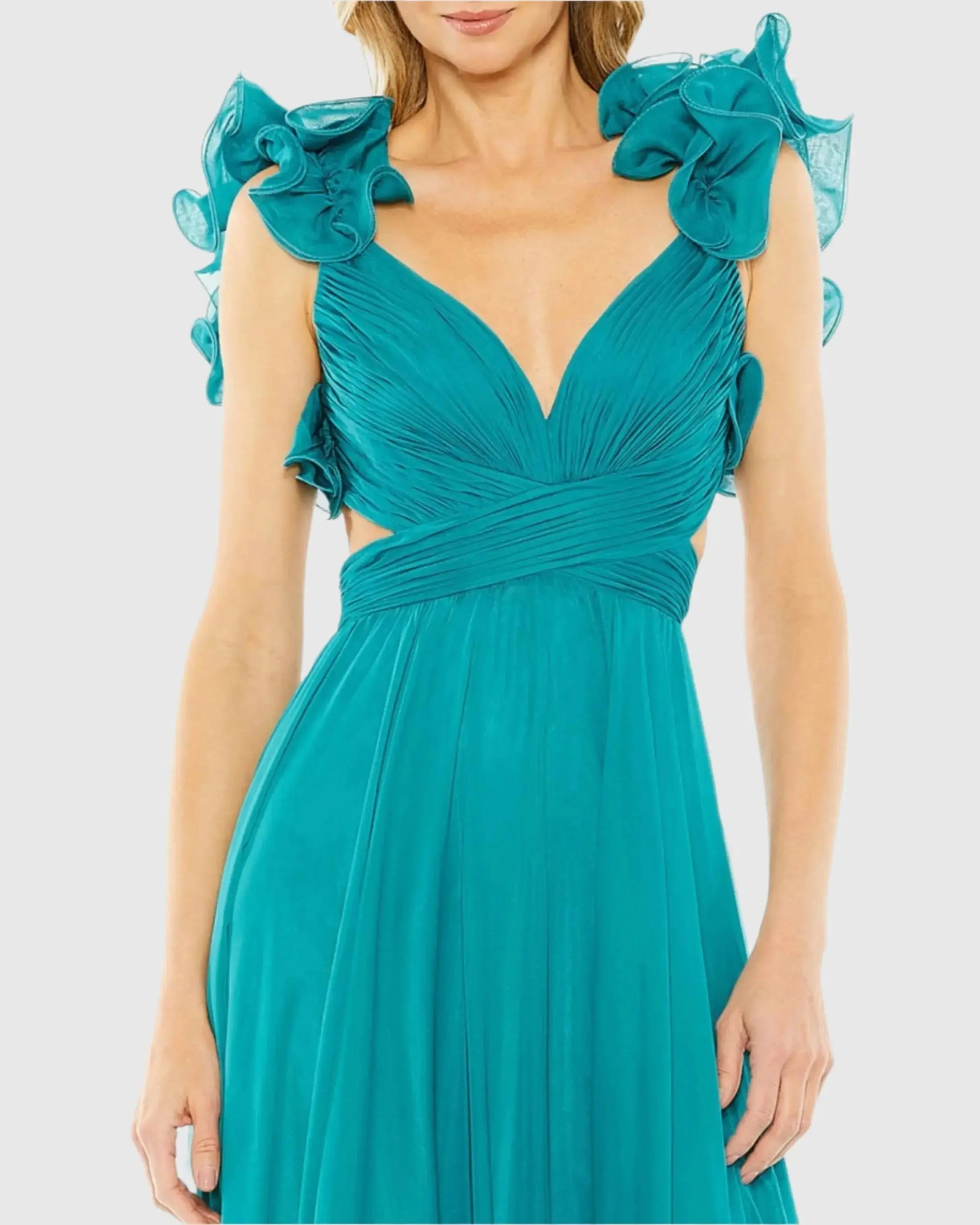 Blue Ruffle Tiered Cut-Out Chiffon Gown