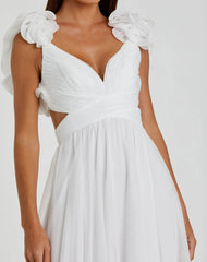 White Ruffle Tiered Cut-Out Chiffon Gown