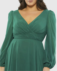 Green Chiffon Bishop Sleeve Surplice Dress (Plus)