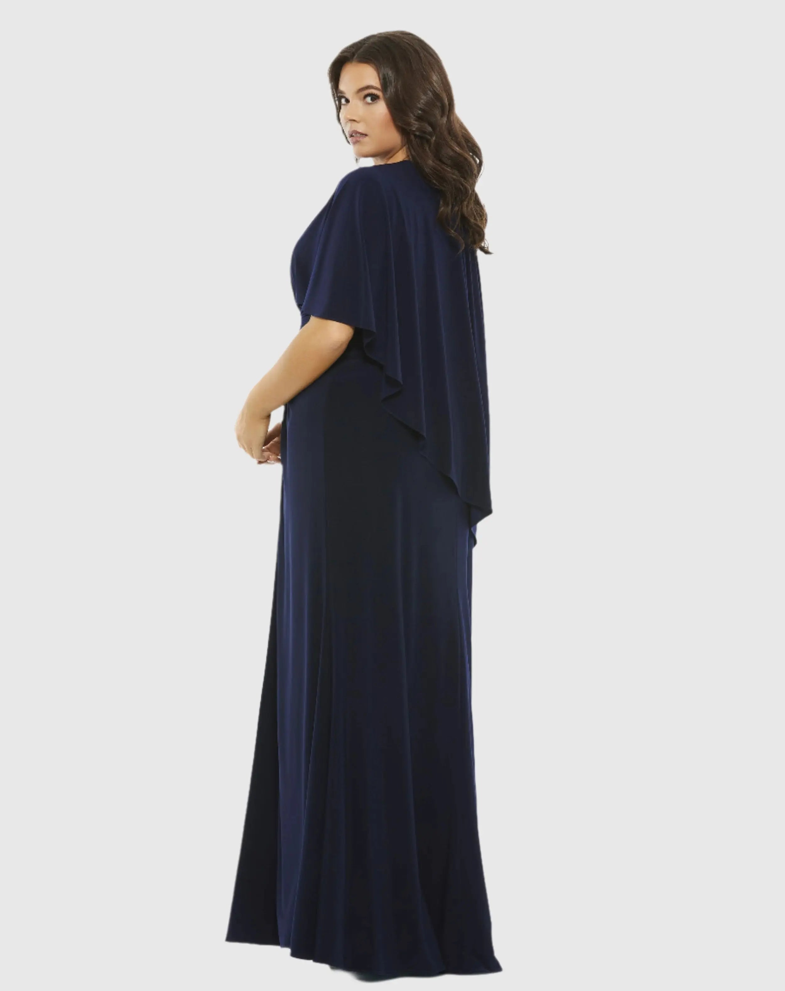 Navy Jersey Cape Sleeve A Line Gown (Plus)