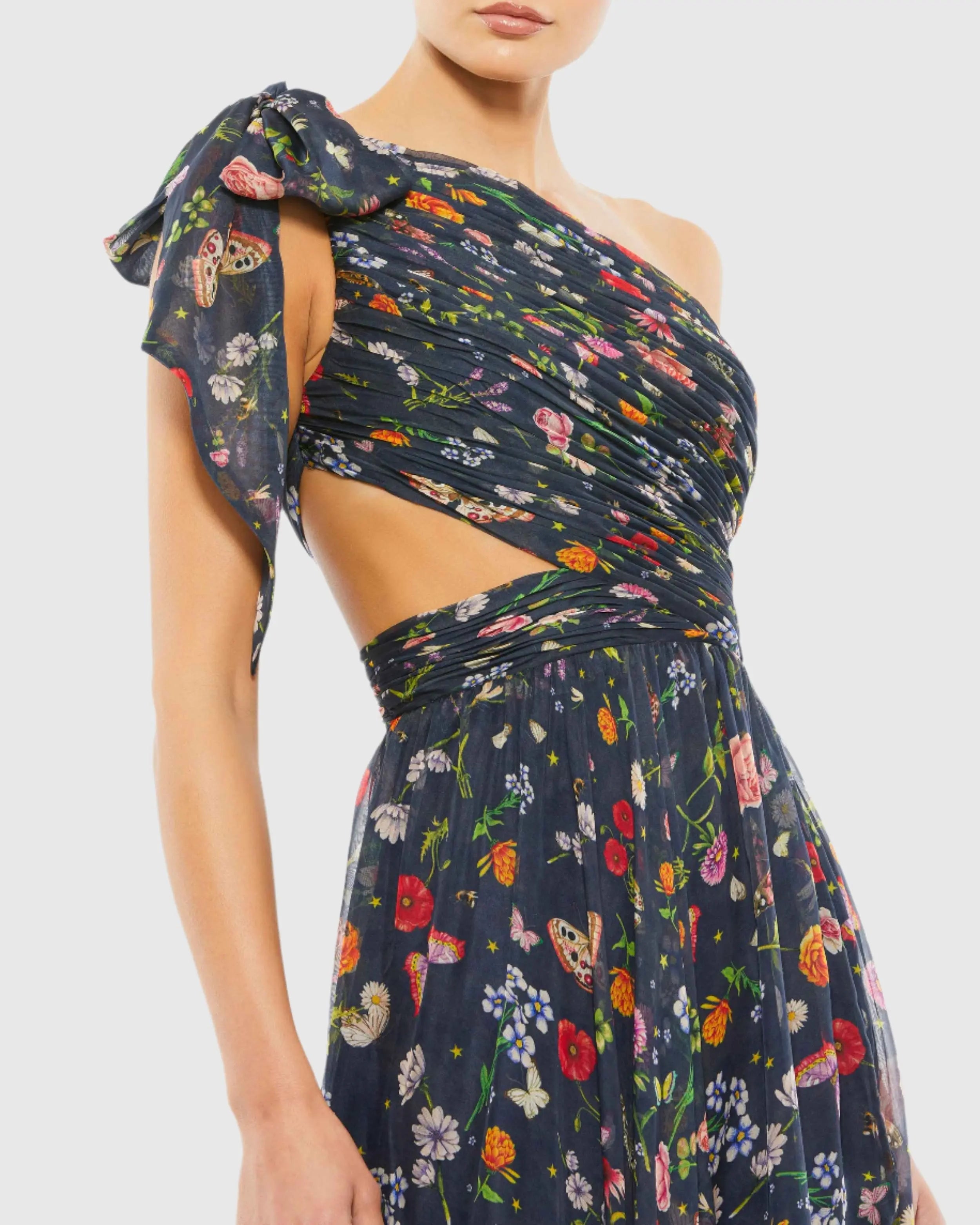 Navy Tied One Shoulder Cut-Out Flowy Gown