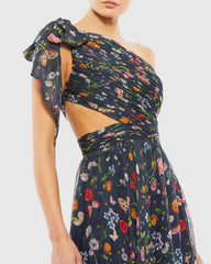 Navy Tied One Shoulder Cut-Out Flowy Gown