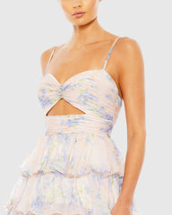 Purple Floral Cut Out Ruffle Layered Gown