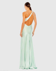 Green Beaded One Shoulder Column Gown