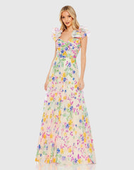 Multicolor Floral Sequin Embellished Ruffle Sleeve Gown