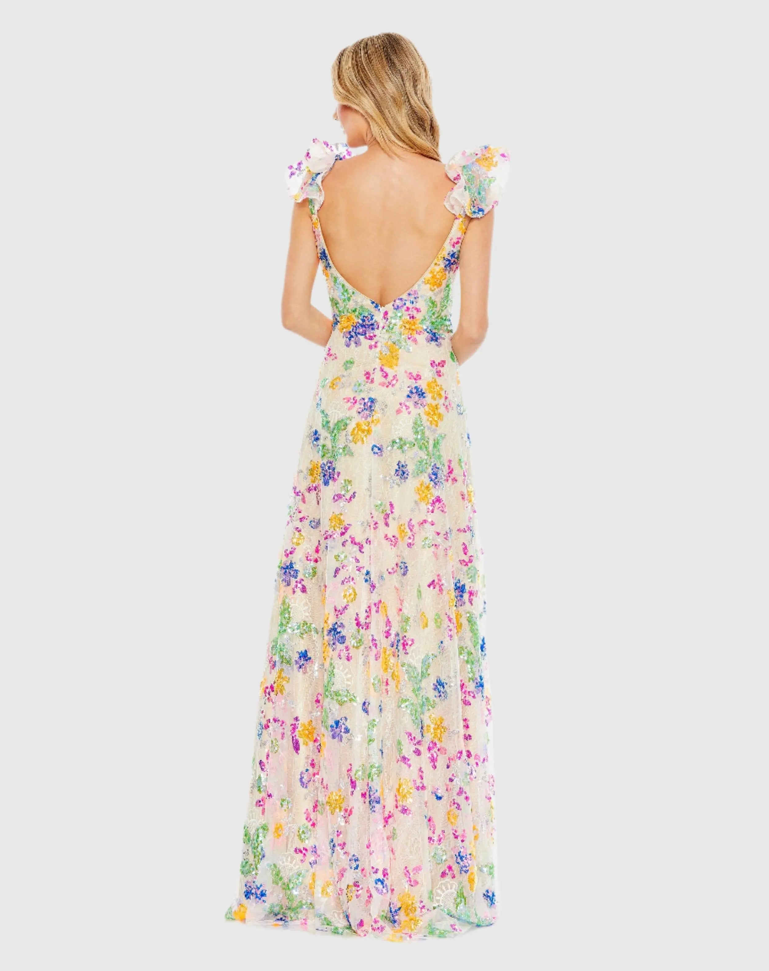 Multicolor Floral Sequin Embellished Ruffle Sleeve Gown
