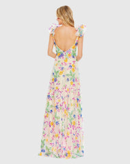 Multicolor Floral Sequin Embellished Ruffle Sleeve Gown