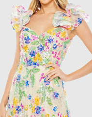 Multicolor Floral Sequin Embellished Ruffle Sleeve Gown