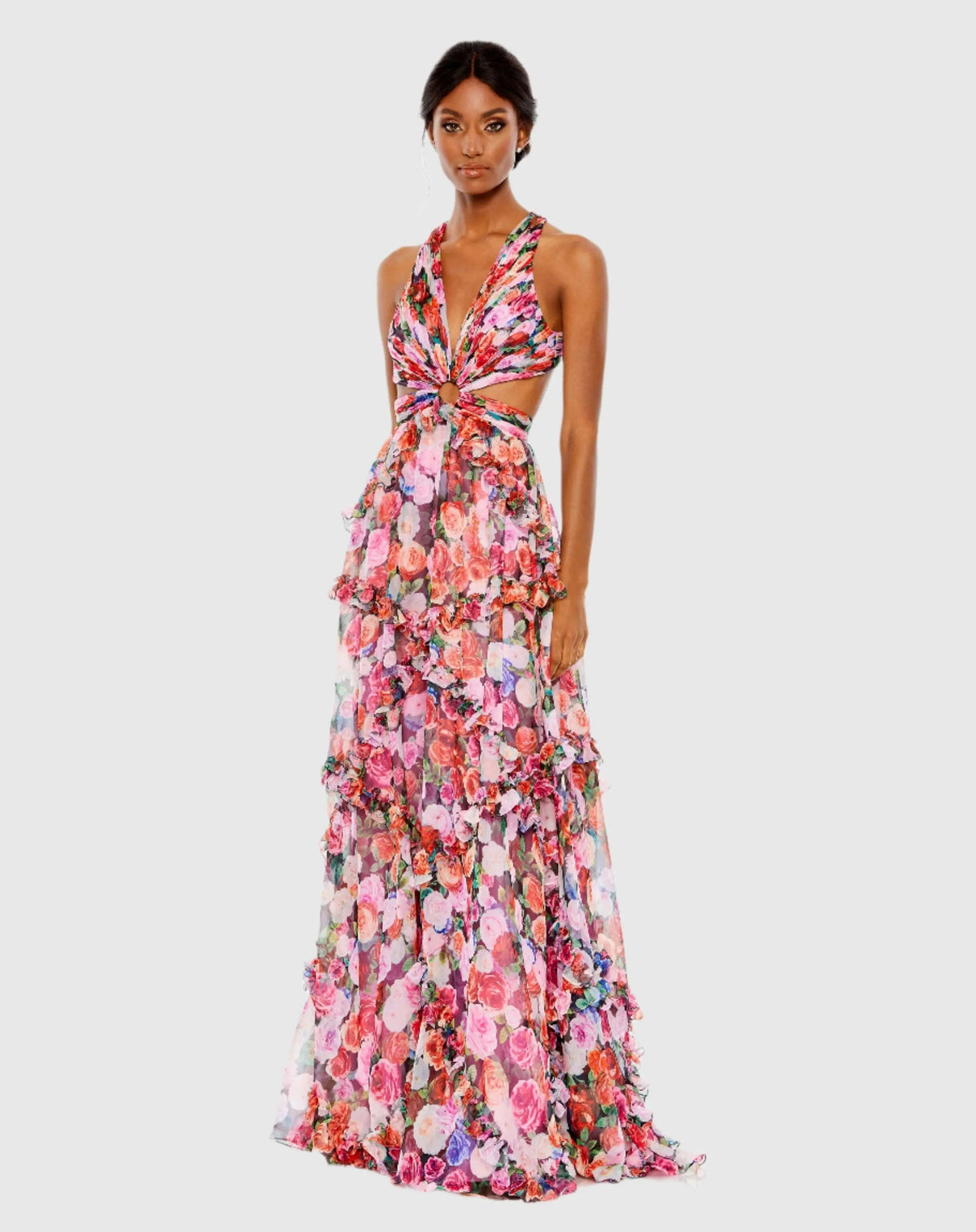 Multicolor Ruffled Cut Out Sleeveless Gown