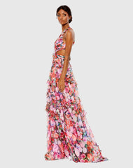 Multicolor Ruffled Cut Out Sleeveless Gown