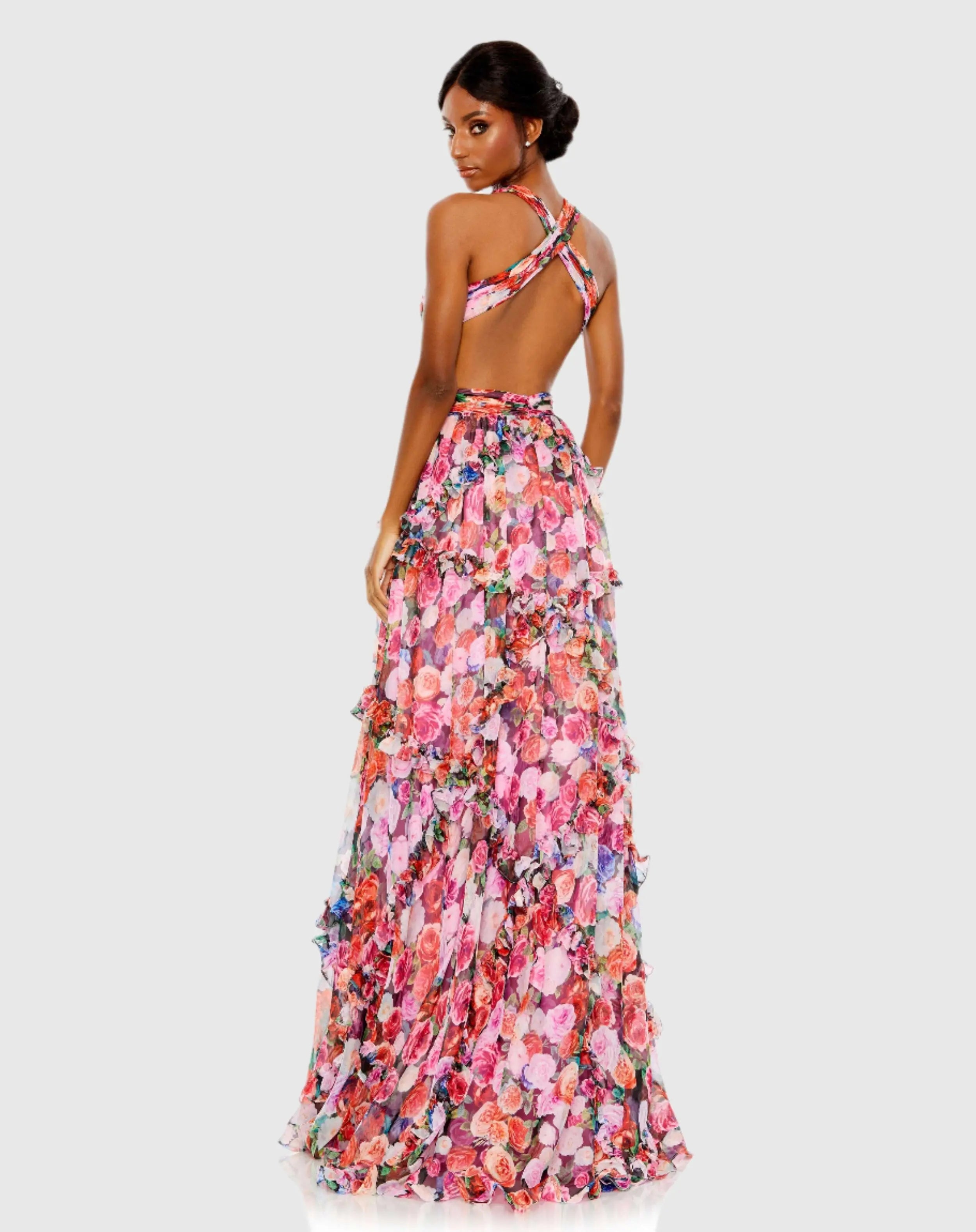 Multicolor Ruffled Cut Out Sleeveless Gown