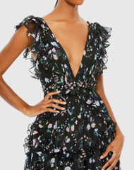 Black Multicolor Ruffled Floral Print Cap Sleeve Gown