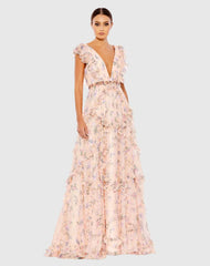 Pink Multicolor Ruffled Floral Print Cap Sleeve Gown