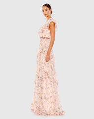 Pink Multicolor Ruffled Floral Print Cap Sleeve Gown