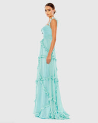 Blue Ruffle Tiered Sleeveless Flowy A Line Gown