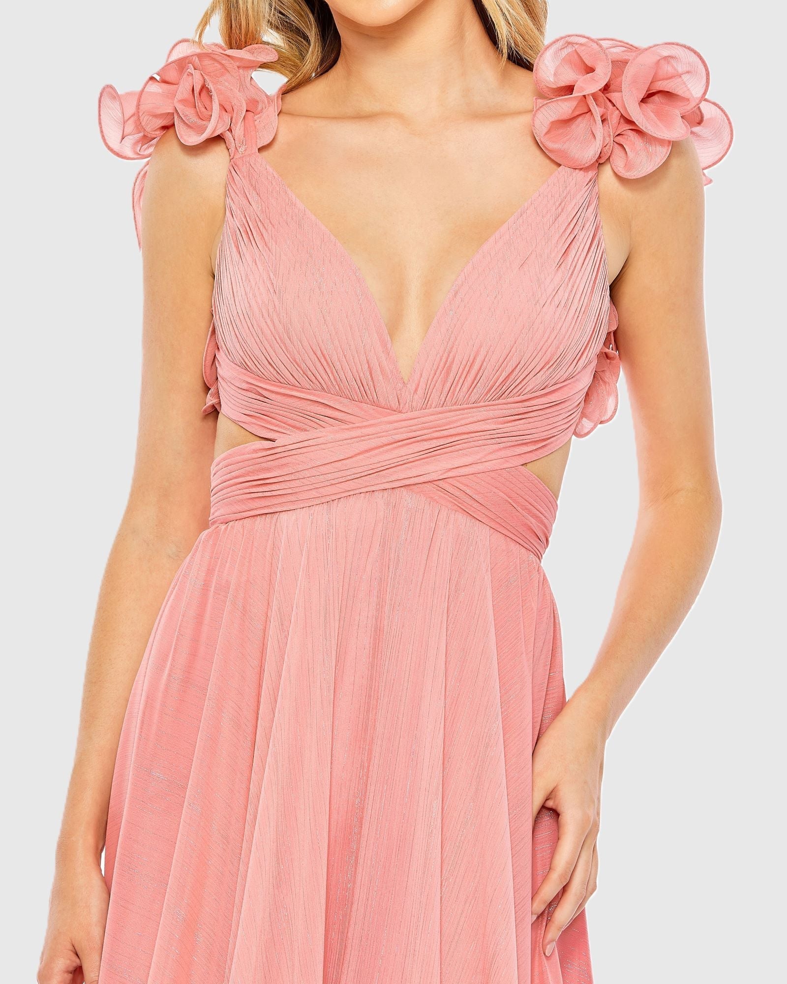 Pink Ruffle Sleeve V Neck A Line Gown
