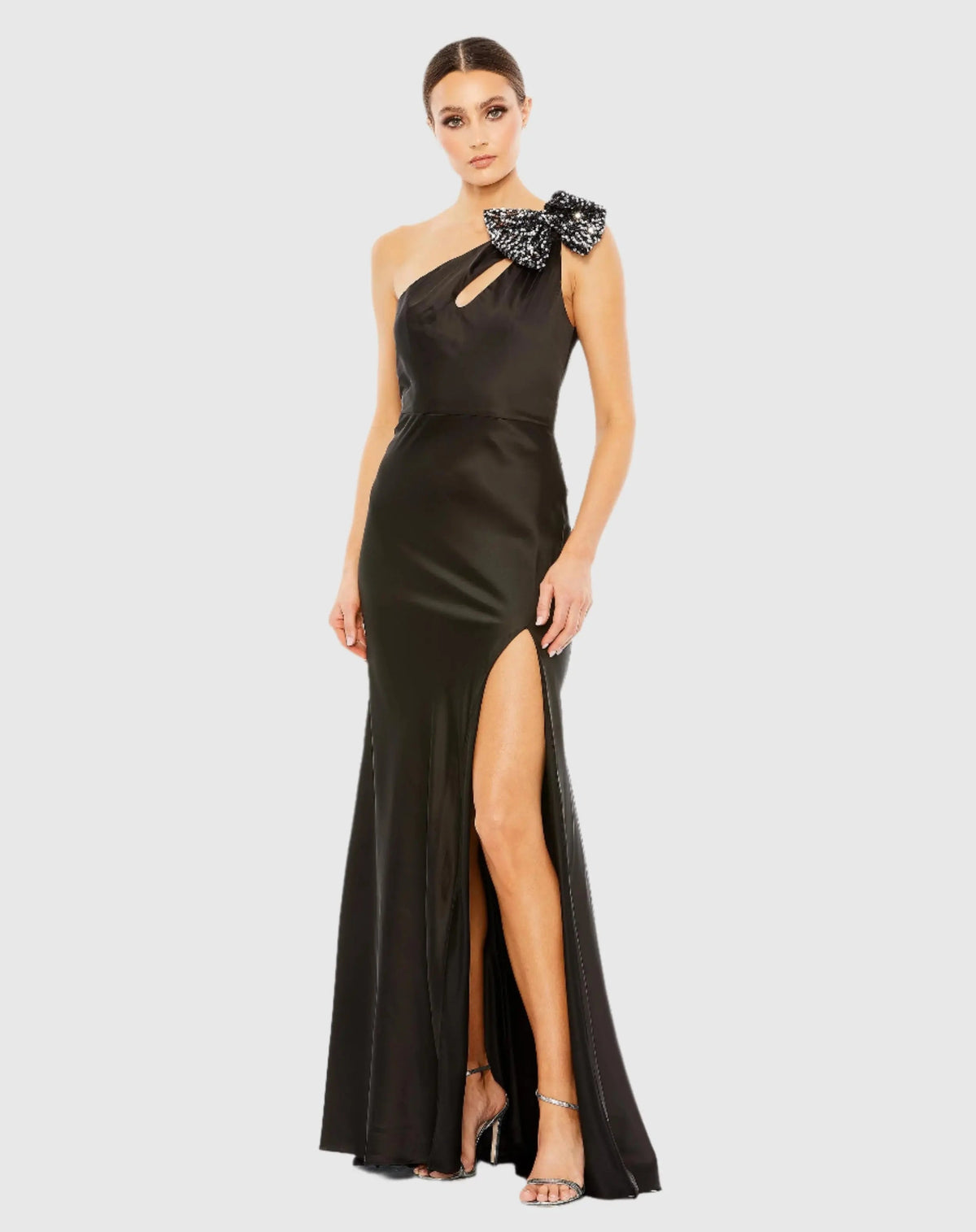 Black Sequined Bow Detail One Shoulder Trumpet Gown