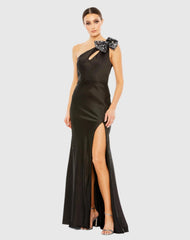 Black Sequined Bow Detail One Shoulder Trumpet Gown