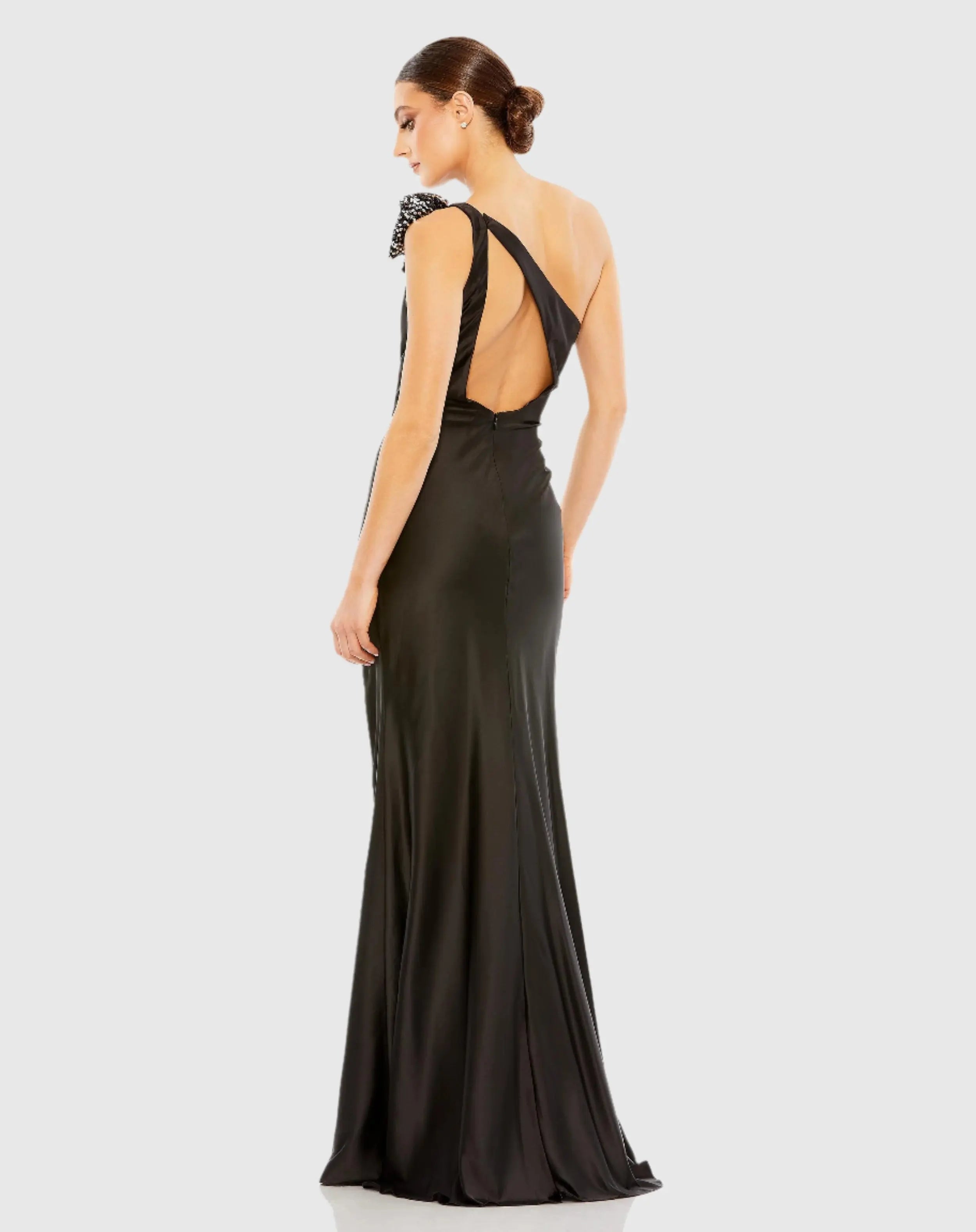 Black Sequined Bow Detail One Shoulder Trumpet Gown